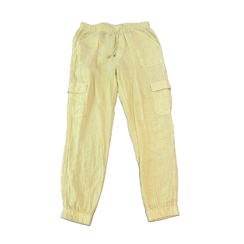 Nicole Miller 100% Linen Cargo Jogger Womens Pants M Yellow Utility Coastal